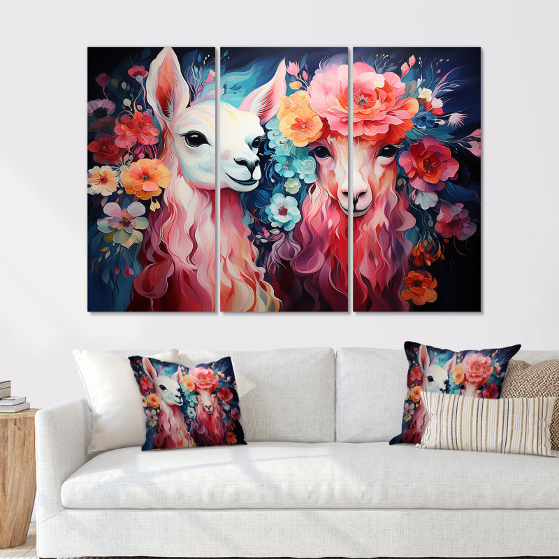 «Pink Fluffy Alpacas Floral Portrait», art mural Alpaca, H 40 po x l 60 po