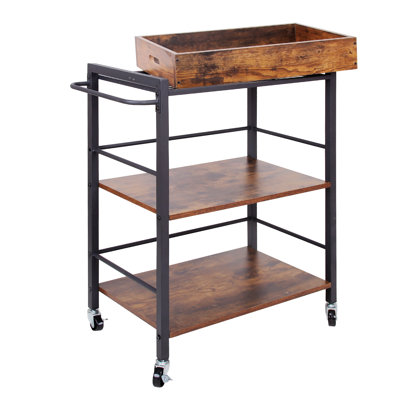 Kathry Tray Top Wooden Kitchen Cart with 2 Shelves and Casters, Brown and Black