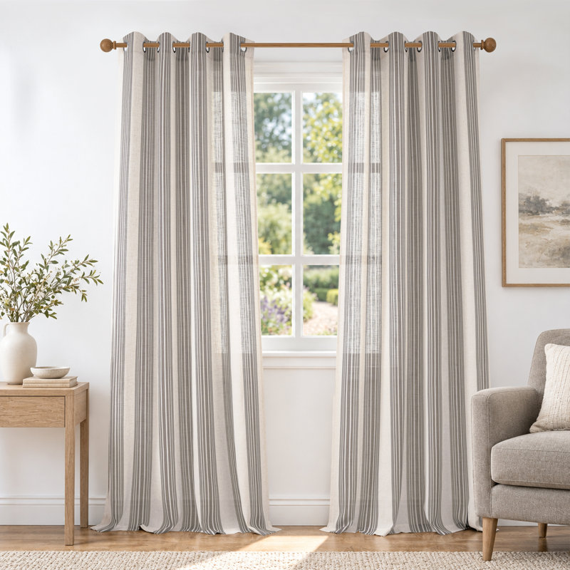 Rideaux semi-transparents en lin avec motif à rayures Chris, Gris, L 52 po x L 96 po