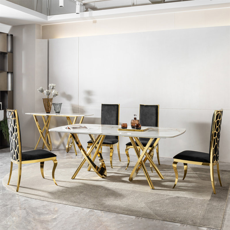 Set Of 6, MDF Marble Pattern Dining Table Mirror Gold Stainless Steel Base, Rectangular Table With 6 Chairs