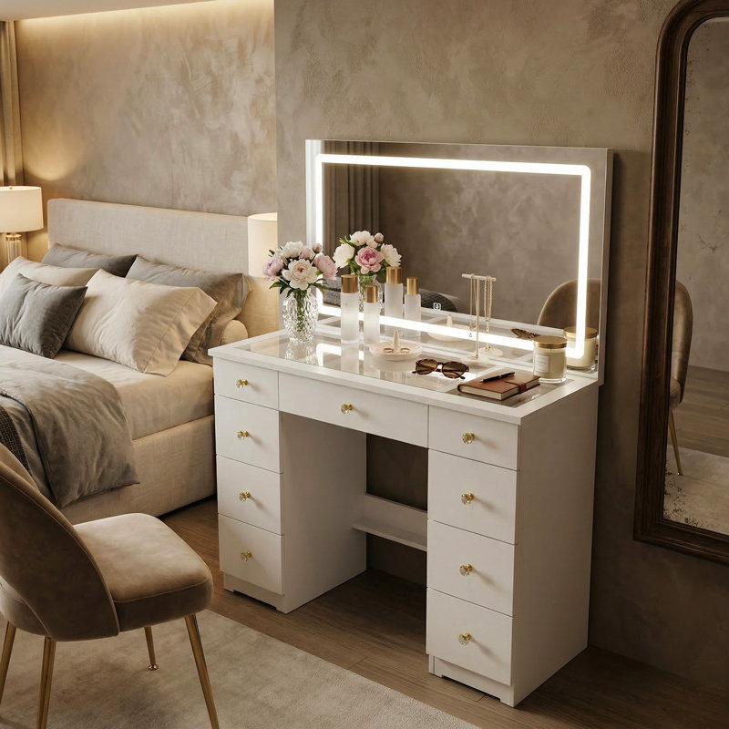 Coiffeuse de maquillage moderne avec miroir lumineux et rangement solide, White