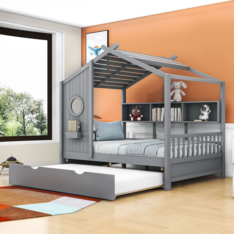 Lit plateforme en bois avec lit gigogne et tablettes de rangement, forme maison, Double, Gris