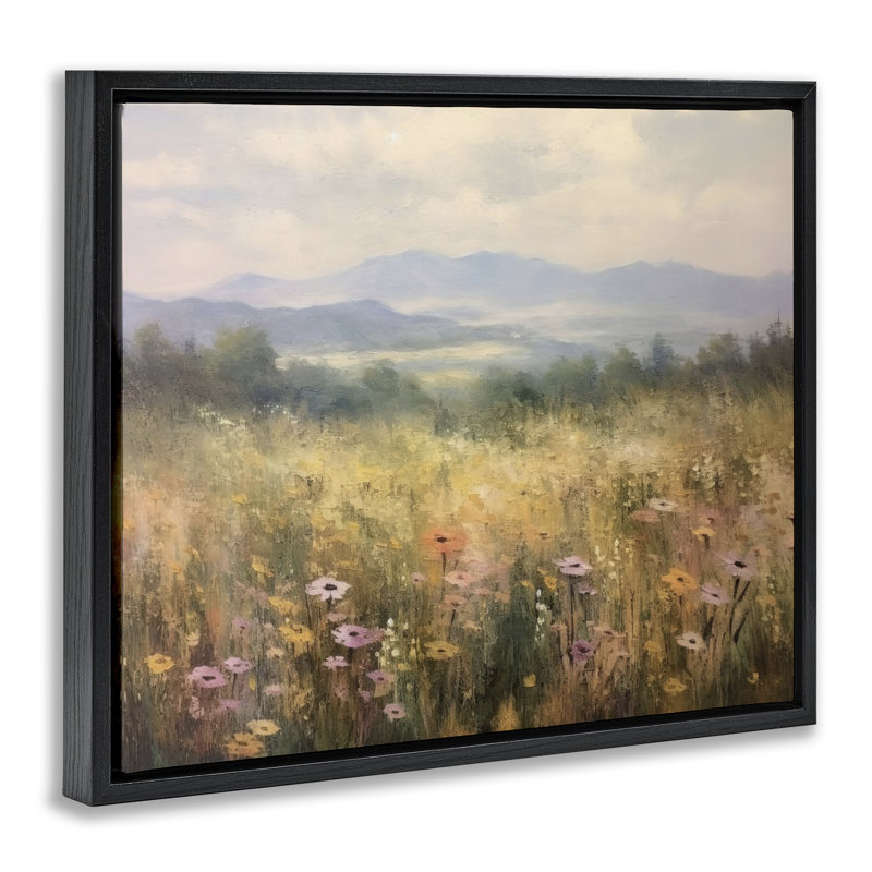 Cadre flottant Prairie Flowers & Mountains, design par LSR Creative Studio, Cadre flottant noir de jais, H 17 po x l 21 po