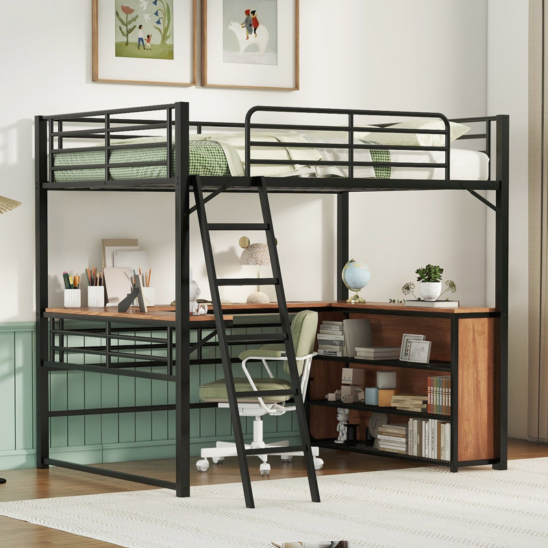 Lit mezzanine en métal noir avec tablettes à 3 niveaux et bureau de travail en forme de L. Chambre créative. Matériaux. Assemblage facile. Idéal pour les artistes avec poste de travail sur ordinateur. Ajout fonctionnel.