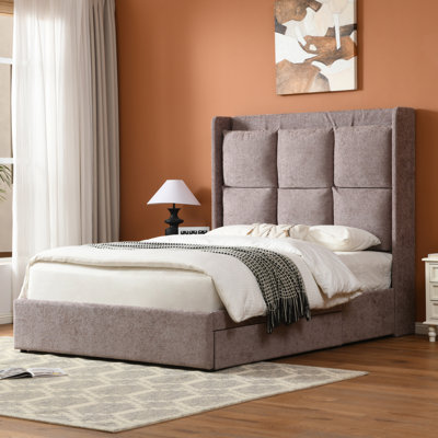 Upholstered Wingback Platform Bed with 2 Under-Bed Storage Drawers, High Grid-Tufted Headboard, No Box Spring Required, Easy Assembly, Modern Bedroom Furniture