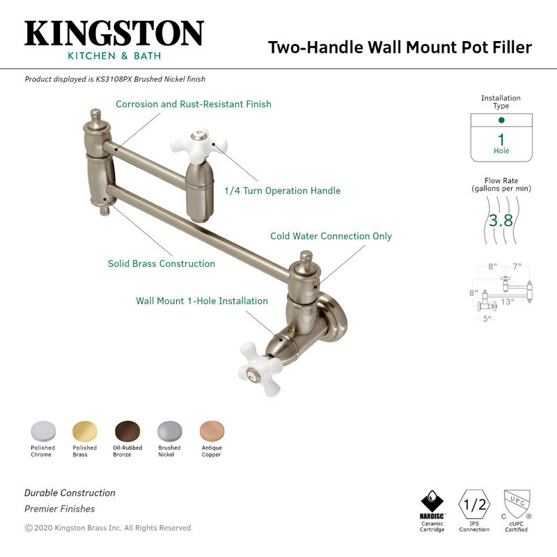 Kingston Brass Restoration Two-Handle 1-Hole Wall Mount Pot Filler Faucet, Brushed Nickel