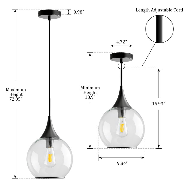 1 - Light Single Pendant With Clear Glass, Matte Black