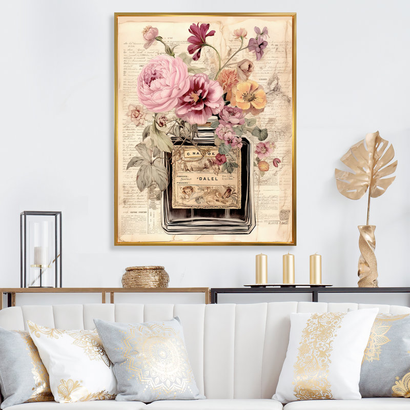 Bouteille de parfum rétro avec fleurs en fleurs I - Parfums, salon d'art mural, H 40 po x l 30 po x P 1,5 po