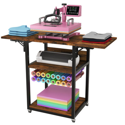 Foldable Heat Press Cart With Charging Station, 3 Tier Movable Heat Press Stand With Vinyl Roll Holder, Heavy Duty Metal Shelf Table For Diy Sublimation Transfer Machine And Printer, Brown