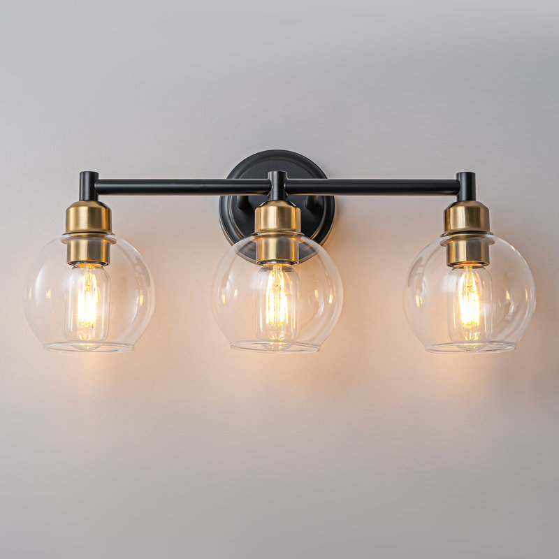 Éclairage pour salle de bain 3 lumières sphériques en verre transparent à intensité variable, Noir mat / Or