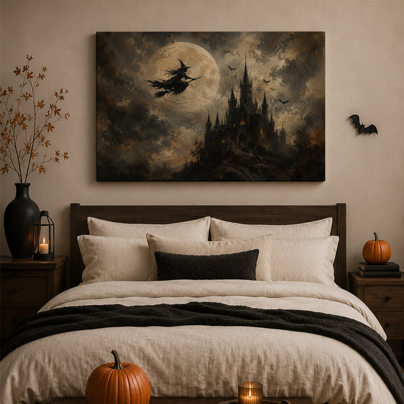 «Witch Flying Broomstick Over Dark Gothic Castle», art mural sur toile, H 20 po x l 30 po
