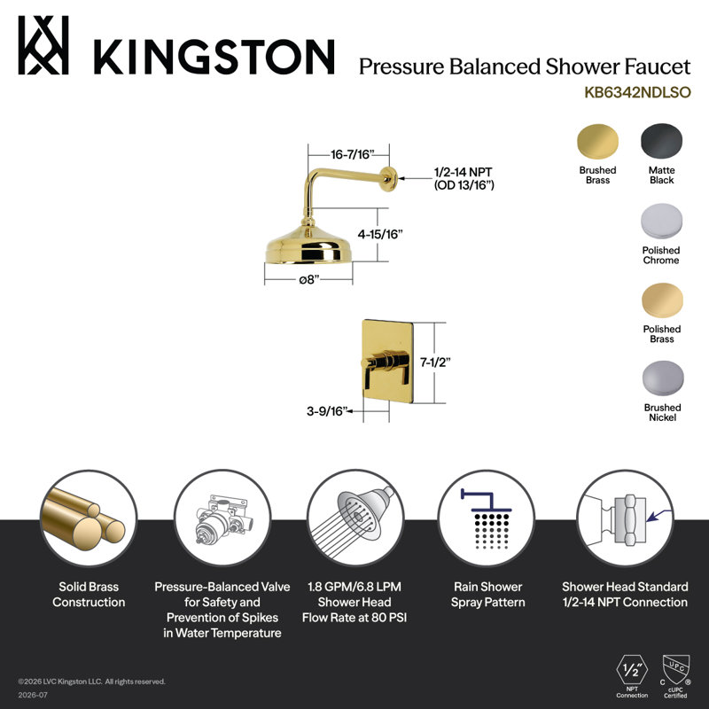 Robinet de douche à pression équilibrée à poignée simple Kingston Brass NuvoFusion, Laiton brossé