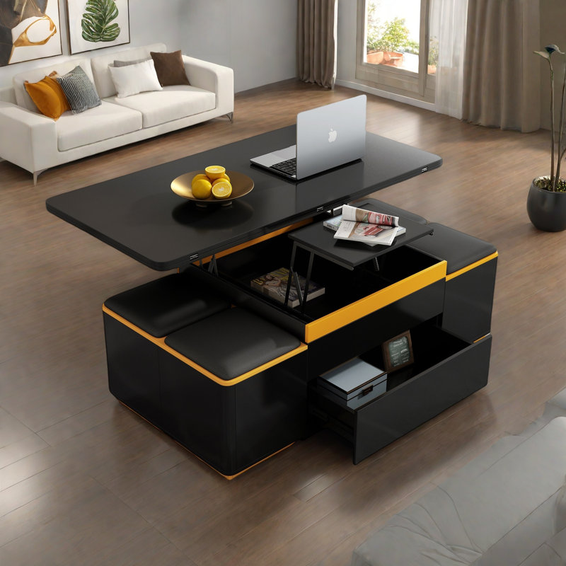 Table basse à plateau relevable avec 4 tabourets de rangement, table basse moderne avec plateau pliable, table basse réglable multifonctionnelle pour le salon