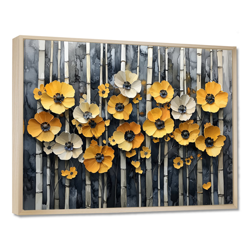 «Geometric Bambo Forest Horizon I», art mural en bambou pour le salon, H 34 po x l 44 po, Cadre flottant, Crème, crème