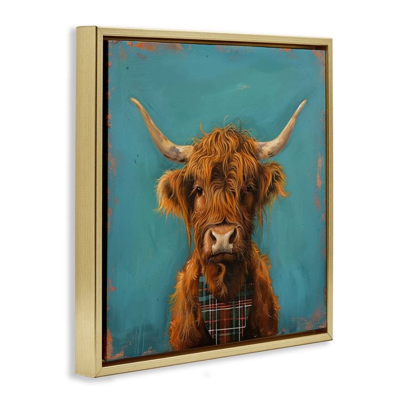  Art mural Highland Cow par LSR Design Studio, H 25 po x l 25 po, Cadre flottant métallique doré