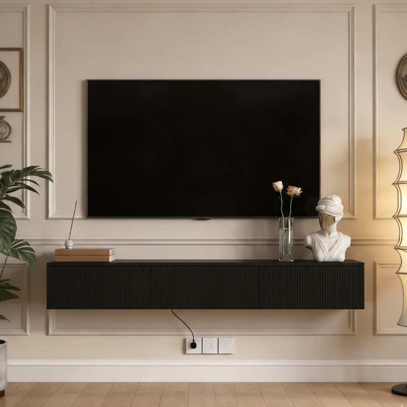 Floating TV Stand Wall Mounted with Led Lighting, Modern Media Console with Charging Station, Space-Saving Entertainment Center for Living Room