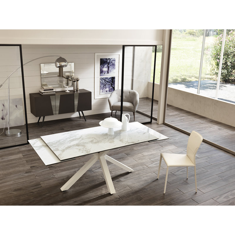 Chelles Extendable Glass Top Metal Base Dining Table, White Marble