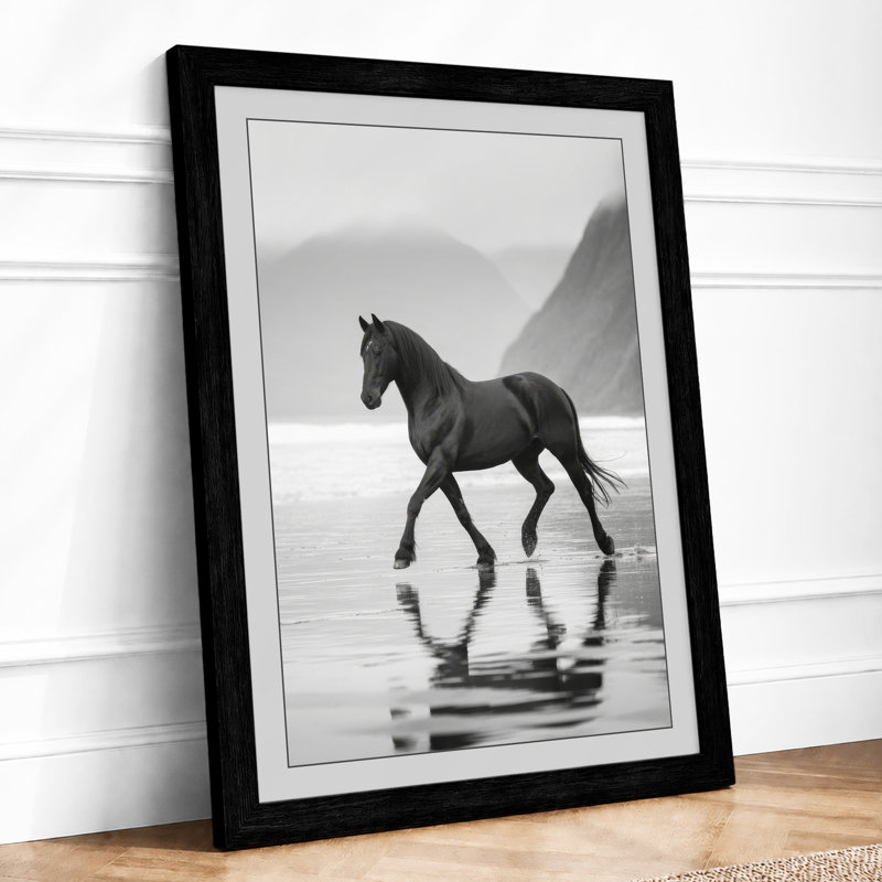Horse on Empty Shore Minimalist 1 Piece Single Picture Frame Wall Art, A1 - 84.1 x 59.4 cm, Oak