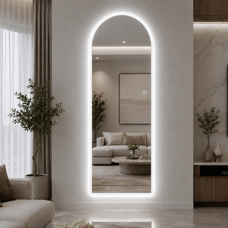 Miroir pleine longueur arqué à DEL de 65 po x 21 po, miroir mural éclairé couvrant tout le corps avec éclairage à bord dépoli, 3 températures de couleur et gradation continue, miroir HD pour chambre et placard