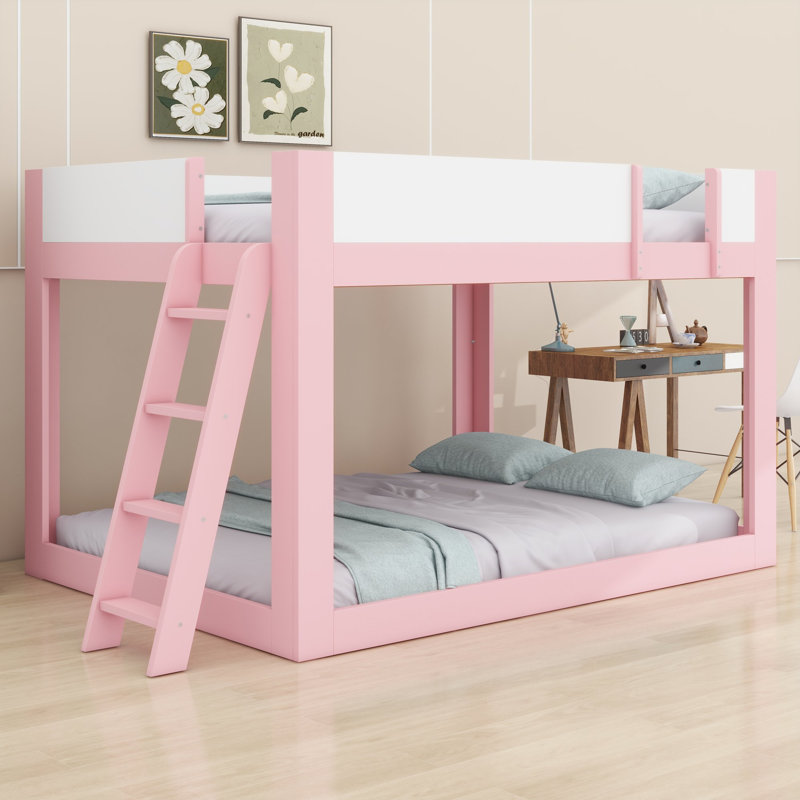 Lit superposé avec échelle réversible et barrières de sécurité pour plafonds bas, Grand lit, Rose