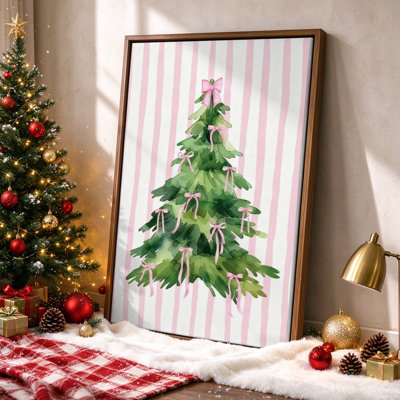 Sapin de Noël rose à nœuds et rayures, tableau sur toile encadré, cadre marron, 40 x 60 cm