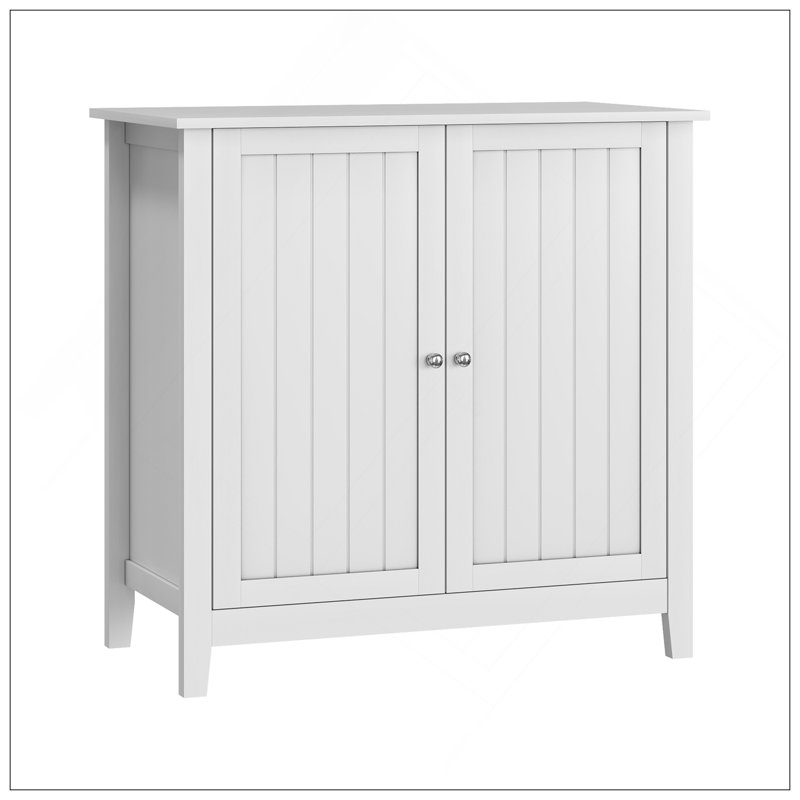 Armoire de rangement blanche à double porte, armoire de rangement autoportante moderne Mid-Century, armoire de rangement de salle de bain avec boutons argentés pour le salon, la cuisine, la salle de bain, le couloir