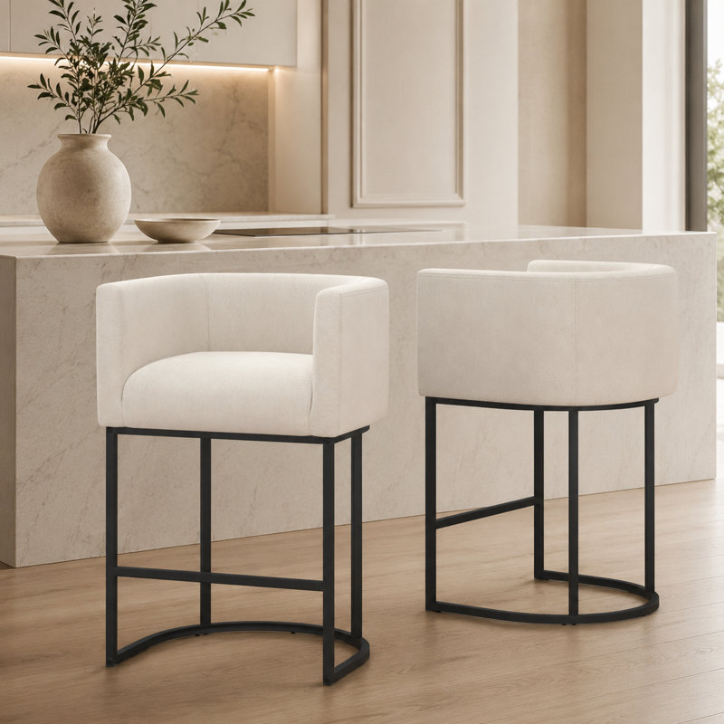 Upholstered Barrel Counter Stool, Black, Linen