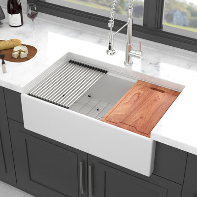 White Ceramic Sink 30x20 - Single Bowl Workstation. And Elegant. To Chips, Scratches Discoloration. Space Saving. Comes With Useful Kitchen Accessories Inch Strong . Spacious Bowl. Handy