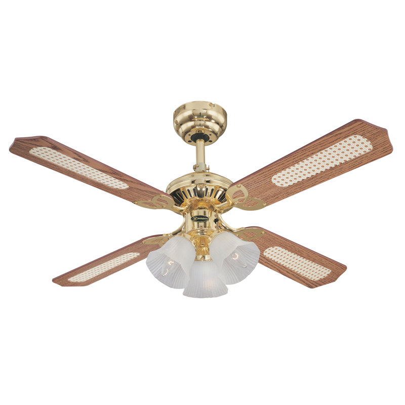 Gemmenne 105cm Ceiling Fan with Light Kit, Polished Brass / Oak Cane or Mahogany