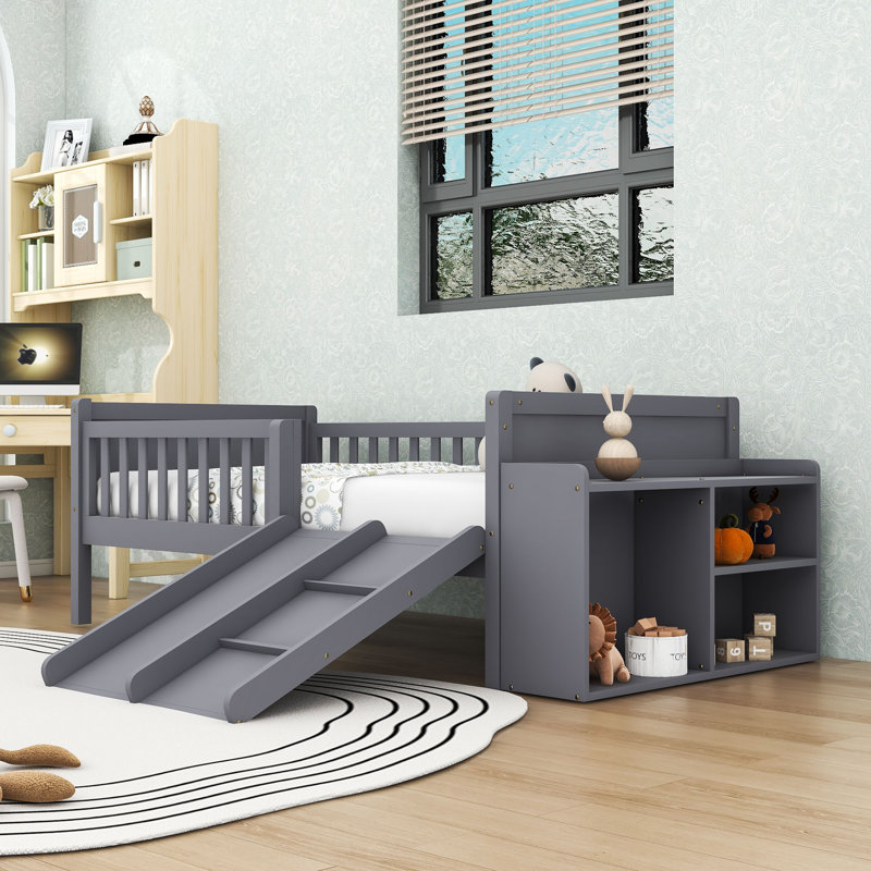 Lit mezzanine simple en bois avec échelle et glissade, Gris
