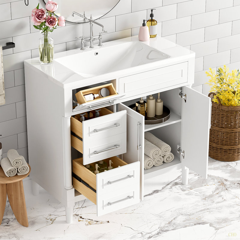 Meuble-lavabo de 36 po avec lavabo en résine supérieur, armoire de rangement autoportante avec 2 tiroirs et un tiroir basculant, ensemble de meuble-lavabo avec cadre en bois massif, tablette à hauteur réglable