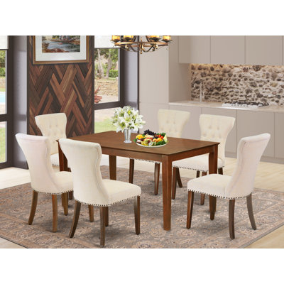 7 Piece Kitchen Table & Chairs Set Consist of a Rectangle Dining Room Table and 6 Light Beige Linen Fabric Parsons Dining Chairs, Mahogany