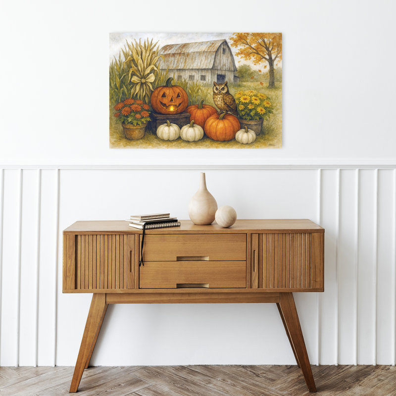 «Fall at the Barn», art abstrait d'automne, hibou, 16" H x 24" W