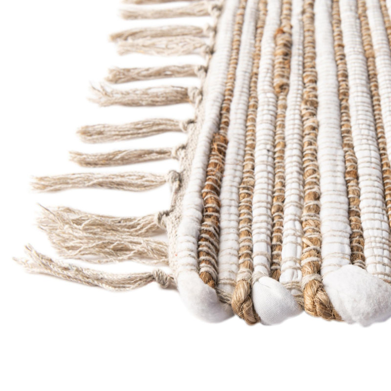 Square Kassandra Striped Hand Loomed Jute Area Rug in Beige, Rectangle 9' x 12'