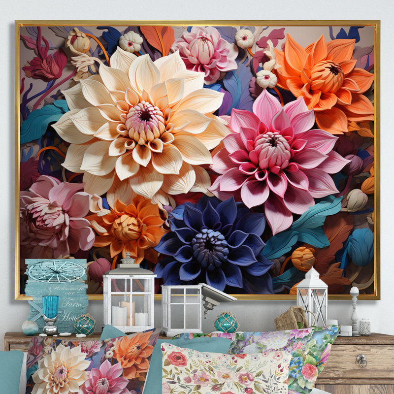 «Dahlia Dreams I» sur toile, Cadre flottant doré, H 12 po x l 20 po x P 1 po