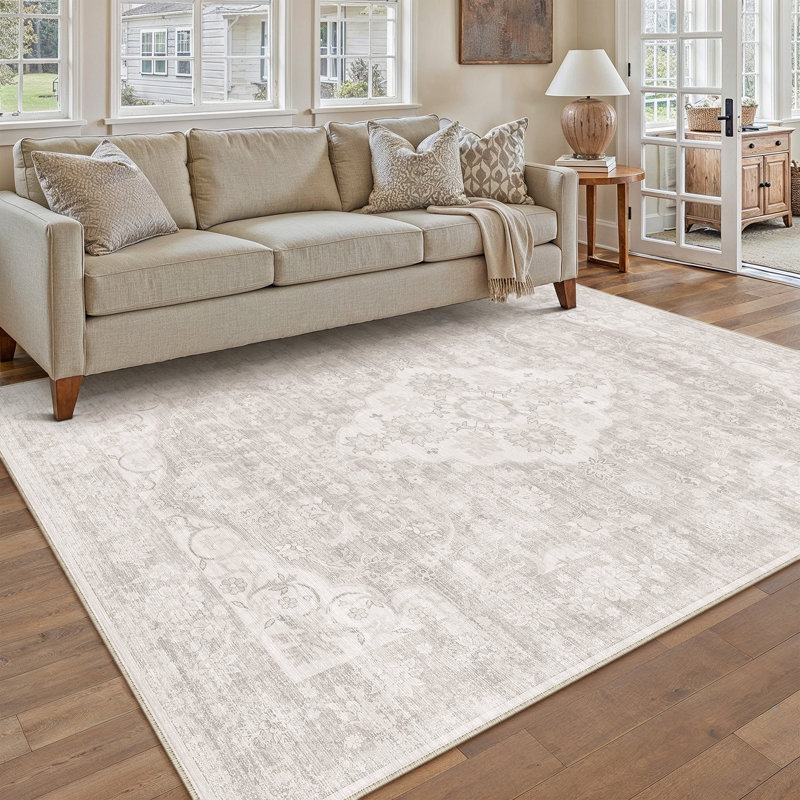Vintage Medallion Machine Washable Area Rug With Non-Slip Backing, Rectangle 6' x 9', Beige