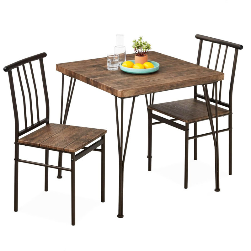 Dark Brown Metal and Wood 3-Piece Dining Set with 2 Chairs