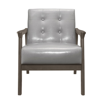 Mid-century Modern Solid Wood Accent Chair In Gray Faux Leather Upholstery Button With Cover And Rubberwood Foundation