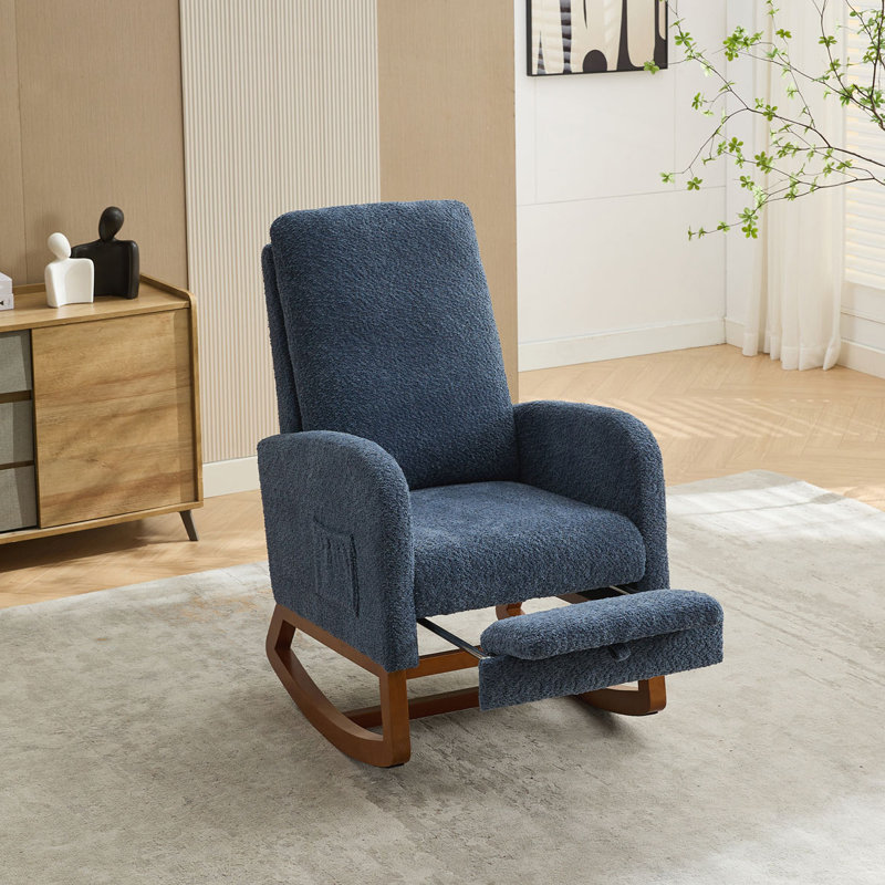Boucle Fabric Rocking Chair with Retractable Footrest, Side Pocket, Navy