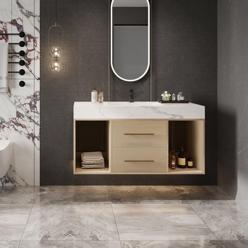 Meuble-lavabo mural 2 tiroirs à fermeture en douceur, 39"