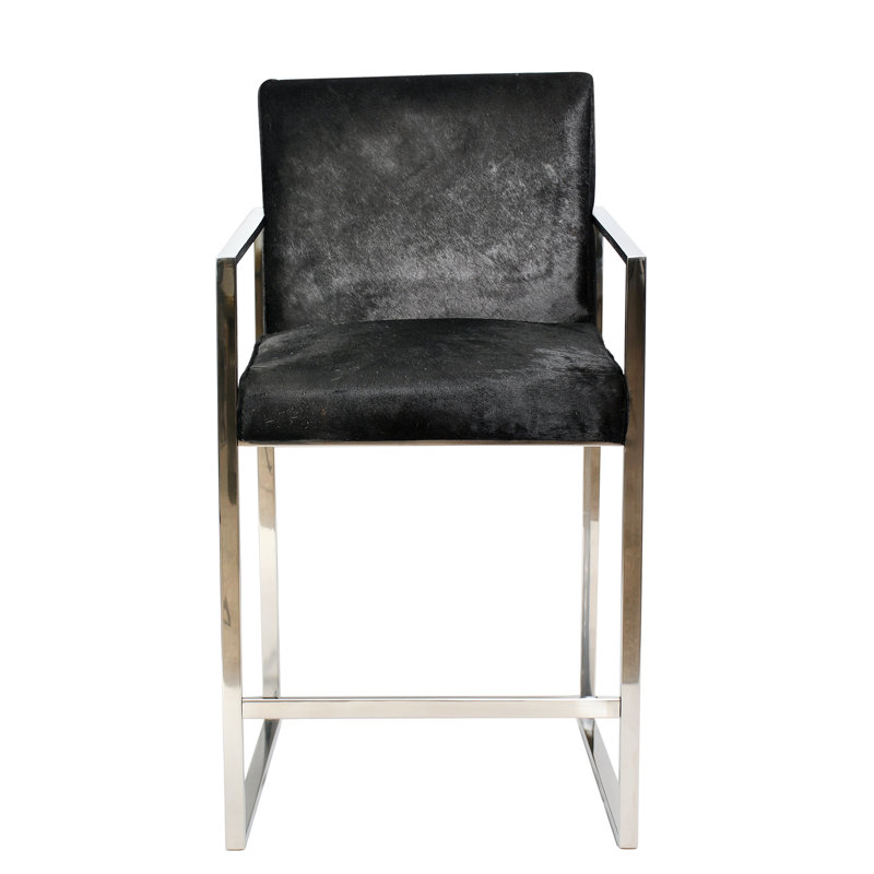 Chaise en cuir de vache noir moderne en acier inoxydable , Cuir véritable noir, Chrome