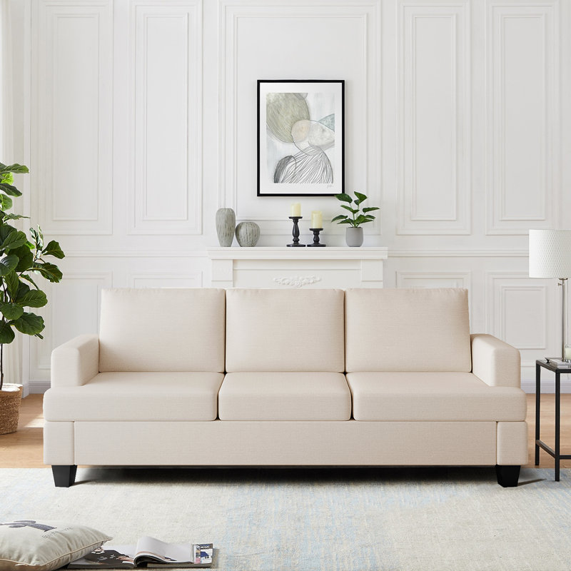  Morden Standard Upholstered Minimalist Linen 3 Seaters Sofa, 29.13" H x 84.65" W x 32.28" D, Beige