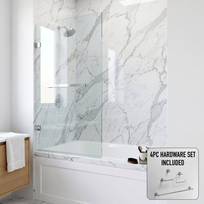 Rialto 34 in. W x 58 in. H Hinged Frameless Tub Door in Chrome with 5/16 in. (8mm) Clear Glass and Cass 4-Piece Bath Hardware Set