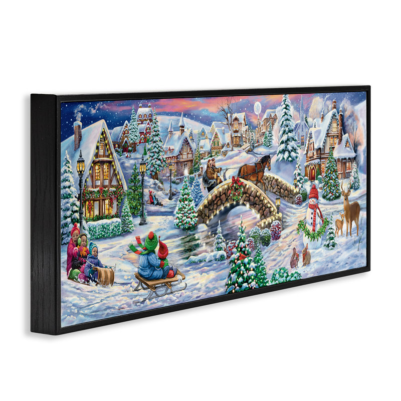 «Snowy Winter Townscape», art de la giclée encadrée par Grateful Licensing, Giclée encadrée noir minuit, H 10 po x l 24 po