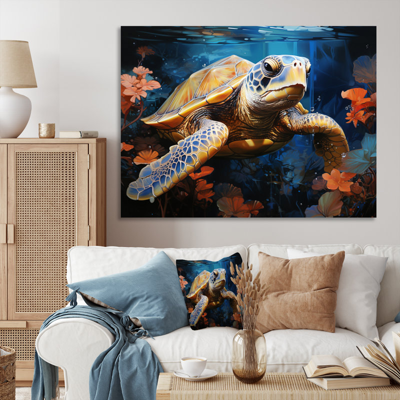 Tortue sereine avec corail dans l'océan II - reproduction sur toile, Toile tendue, H 34 po x l 44 po x P 1,5 po