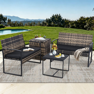 4 Piece Outdoor Patio Furniture Set with Built-in Beverage Cooler Storage Box, Wicker Conversation Sets