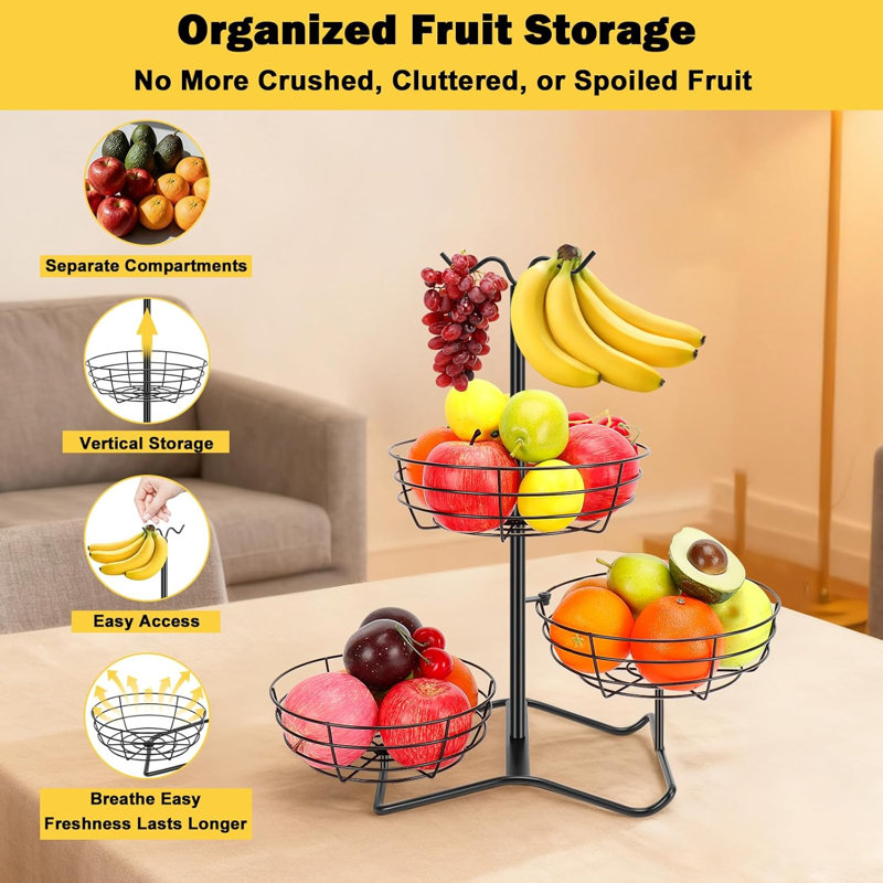 3 Tier Solid Metal Fruit Basket with 2 Banana Hooks - Large Capacity Stand for Kitchen Counter, Bread & Snack Produce Storage, Black