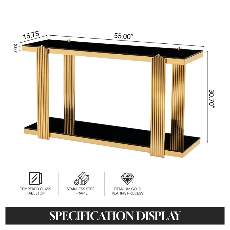 Console miroir de 140 cm avec cadre doré et plateau en verre trempé noir, meuble de rangement moderne à deux niveaux pour entrée
