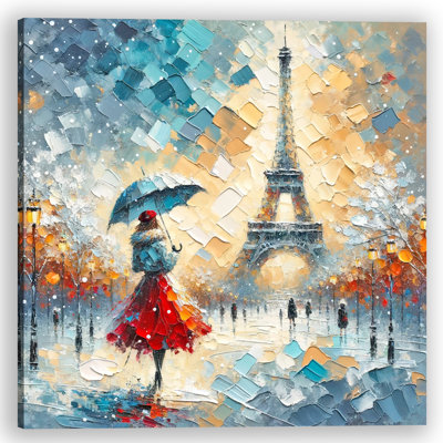 " Romantic Parisian Rainy Day - Impasto Style Eiffel Tower And Woman With Umbrella "