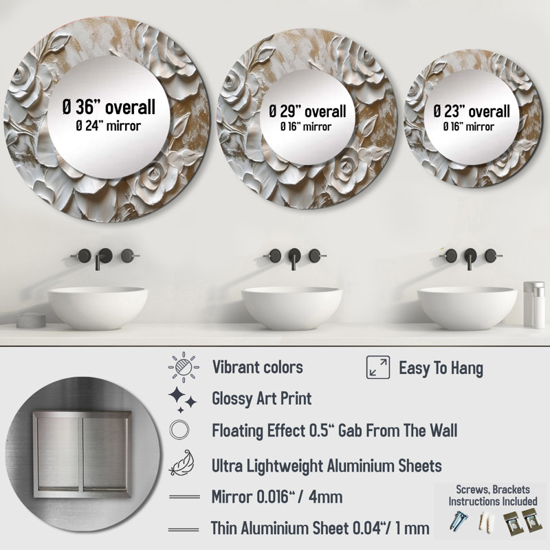 Quienton White Roses In Bloom - miroir rose, miroir mural rond blanc unique, impression d'art en métal, 36 po x 36 po